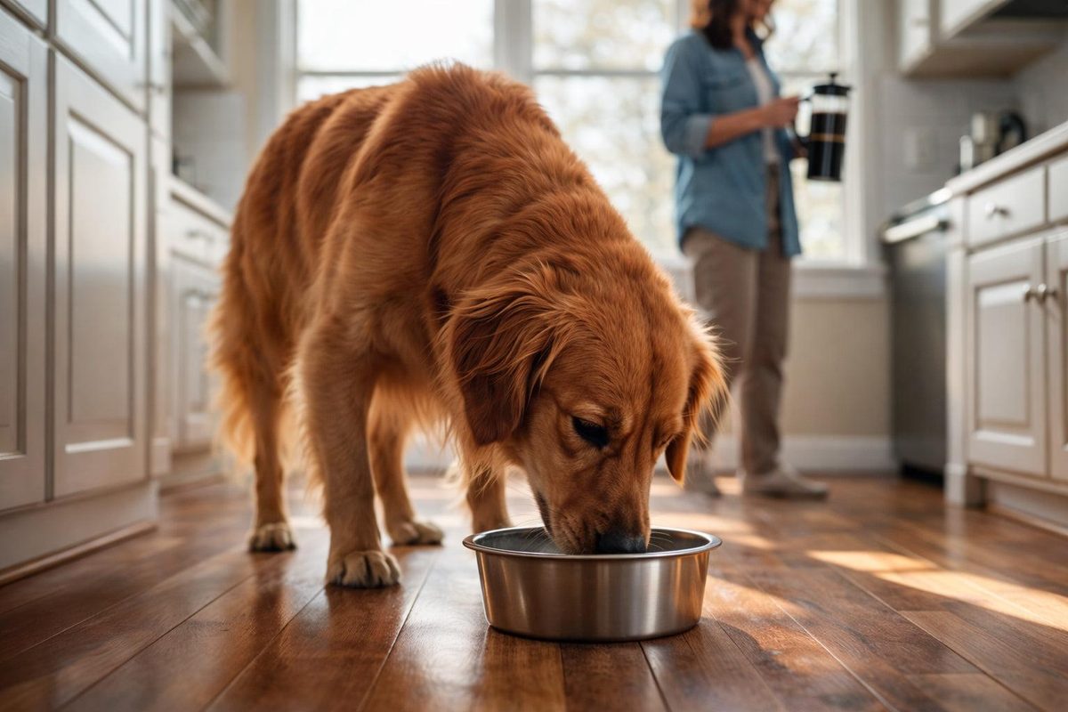 Cão de pelo dourado comendo ração na cozinha