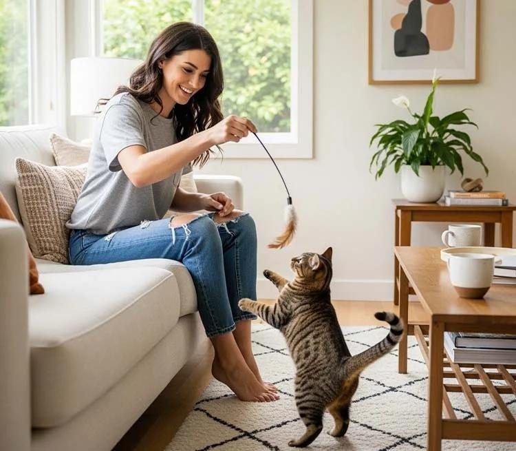 Gato brincando com uma varinha de penas